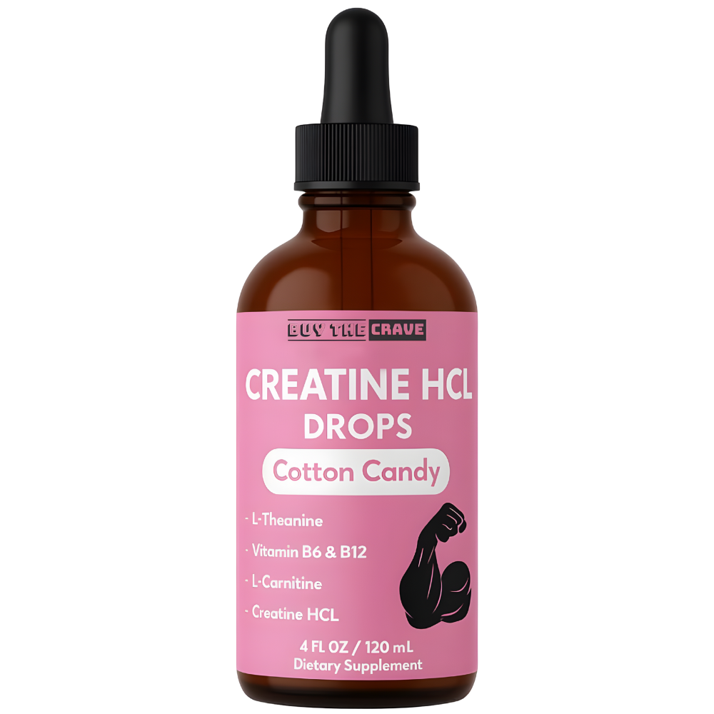 Creatine HCL Liquid Drops for Men & Women - 1000mg Per Serving, L-Theanine, Vitamin B12 & B6, L-Carnitine - High Absorption (Cotton Candy)
