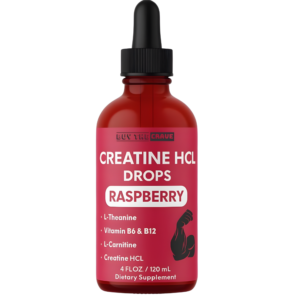 Creatine HCL Liquid Drops for Men & Women - 1000mg Per Serving, L-Theanine, Vitamin B12 & B6, L-Carnitine - High Absorption 4 Fl Oz (120ml) (4 FL OZ, Raspberry)