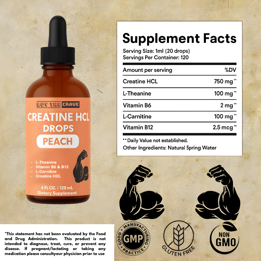 Creatine HCL Liquid Drops for Men & Women - 1000mg Per Serving, L-Theanine, Vitamin B12 & B6, L-Carnitine - High Absorption 4 Fl Oz (120ml) (4 FL OZ, Peach)