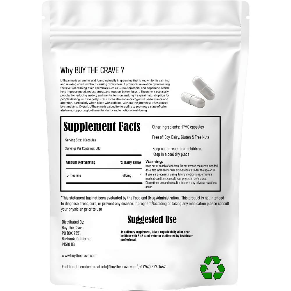 L-Theanine 400mg Per Capsule, Extra Strength, Double Strength, 500 Capsules, Non-GMO, Gluten Free