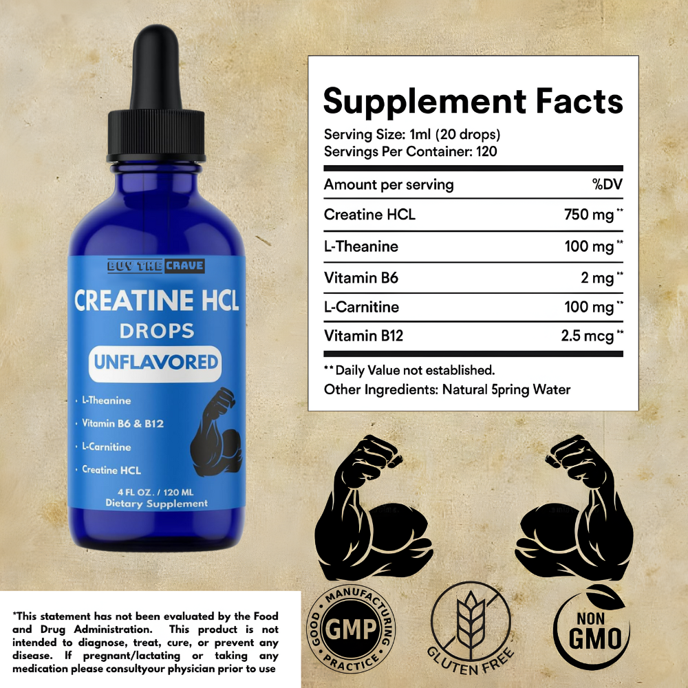 Creatine HCL Liquid Drops for Men & Women - 1000mg Per Serving, L-Theanine, Vitamin B12 & B6, L-Carnitine - High Absorption 4 Fl Oz (120ml) (4 FL OZ, Unflavored)