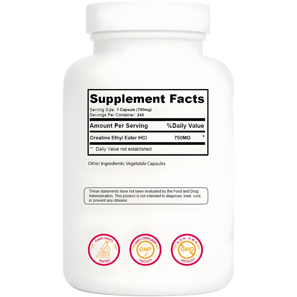 Creatine Ethyl Ester HCI Pills, 7X Concentrated vs Monohydrate Powder, Cognitive, Energy, Muscle, Recovery Support for Men & Women, Creatine HCI Capsules 240 Servings