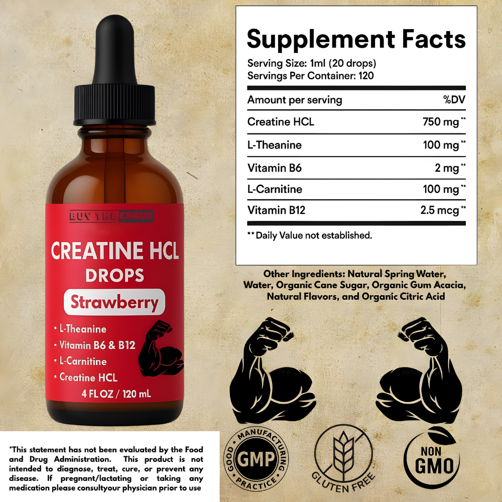 Creatine HCL Liquid Drops for Men & Women - 1000mg Per Serving, L-Theanine, Vitamin B12 & B6, L-Carnitine - High Absorption 4 Fl Oz (120ml) (4 FL OZ, Strawberry)
