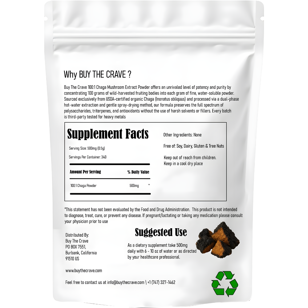 Organic Freeze-Dried Chaga Mushroom Extract Powder 100:1 Concentrate, 6 Ounces (170g), 340 Servings, Wild-Harvested Fruit Body, Dual-Phase Extraction, Vegan, Non-GMO, Gluten-Free