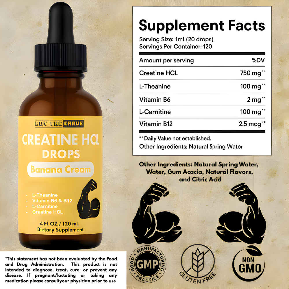 Creatine HCL Liquid Drops for Men & Women - 1000mg Per Serving, L-Theanine, Vitamin B12 & B6, L-Carnitine - High Absorption 4 Fl Oz (120ml) (4 FL OZ, Banana Cream)