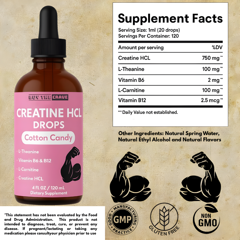 Creatine HCL Liquid Drops for Men & Women - 1000mg Per Serving, L-Theanine, Vitamin B12 & B6, L-Carnitine - High Absorption (Cotton Candy)