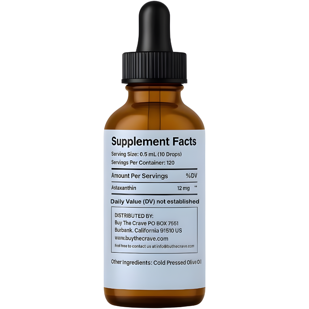 Astaxanthin Liquid Drops Infused with Cold Pressed Extra Virgin Olive Oil – 12mg per Serving – Natural Antioxidant Support – 2 fl oz Dropper Bottle – Vegan, Non-GMO