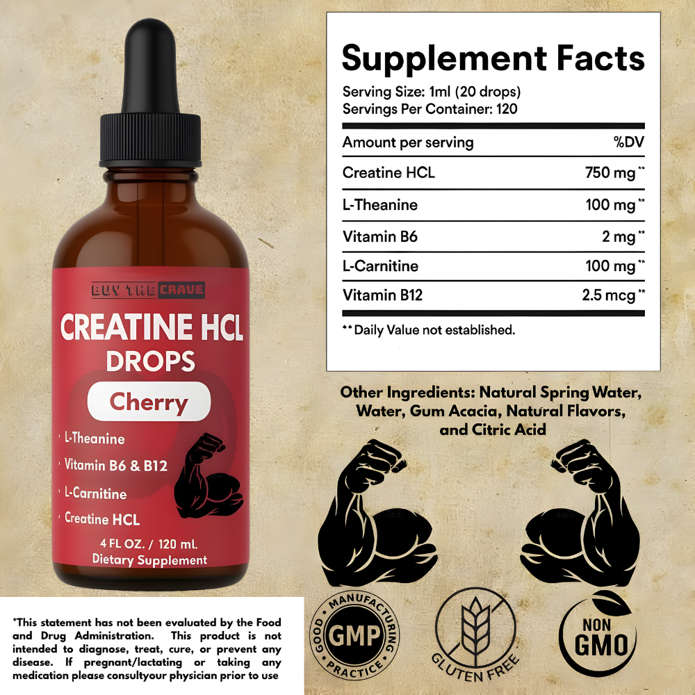 Creatine HCL Liquid Drops for Men & Women - 1000mg Per Serving, L-Theanine, Vitamin B12 & B6, L-Carnitine - High Absorption 4 Fl Oz (120ml) (4 FL OZ, Cherry)