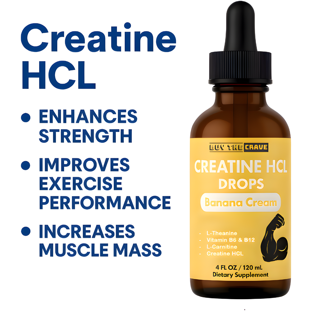 Creatine HCL Liquid Drops for Men & Women - 1000mg Per Serving, L-Theanine, Vitamin B12 & B6, L-Carnitine - High Absorption 4 Fl Oz (120ml) (4 FL OZ, Banana Cream)