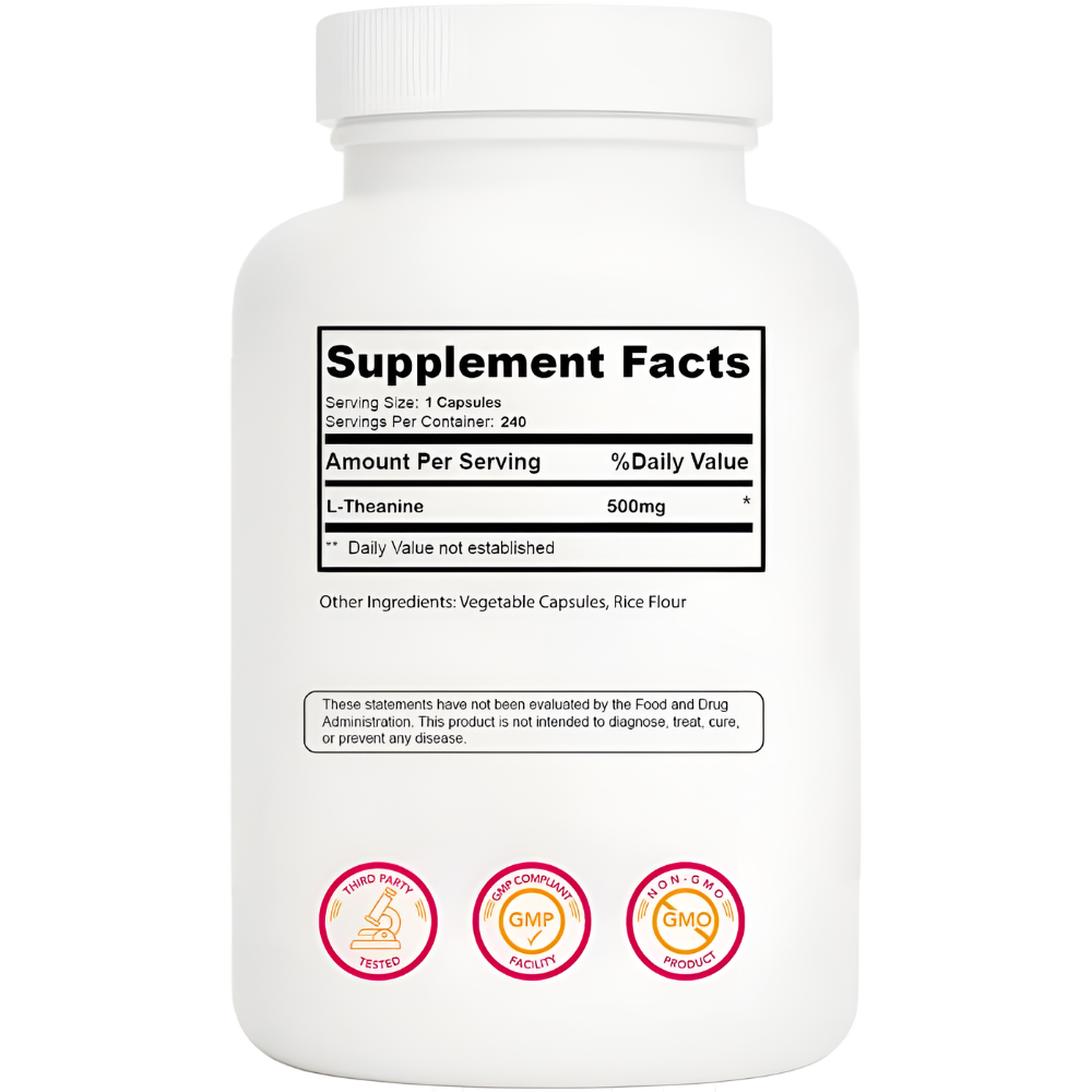 L-Theanine 500mg Per Capsule, Extra Strength, Triple Strength, 240 Capsules, Non-GMO, Gluten Free