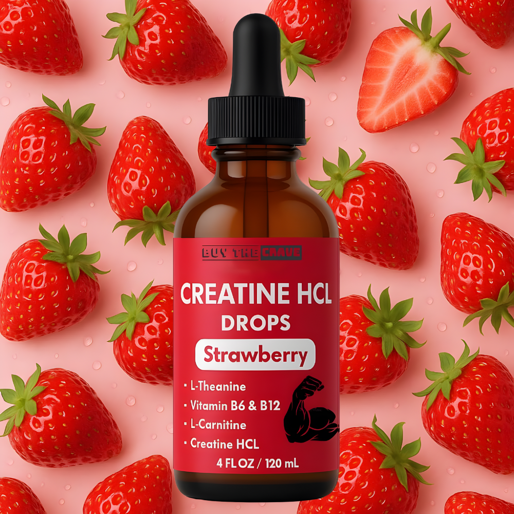 Creatine HCL Liquid Drops for Men & Women - 1000mg Per Serving, L-Theanine, Vitamin B12 & B6, L-Carnitine - High Absorption 4 Fl Oz (120ml) (4 FL OZ, Strawberry)