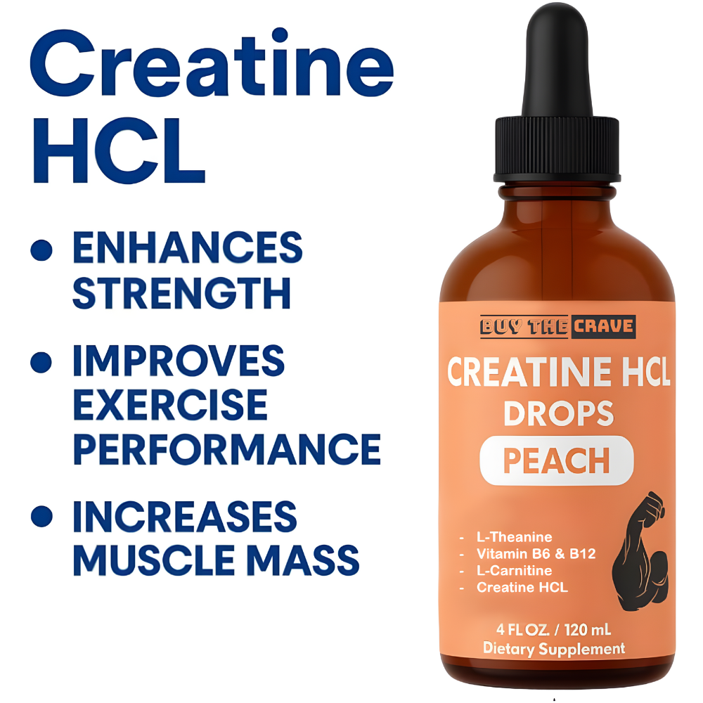 Creatine HCL Liquid Drops for Men & Women - 1000mg Per Serving, L-Theanine, Vitamin B12 & B6, L-Carnitine - High Absorption 4 Fl Oz (120ml) (4 FL OZ, Peach)