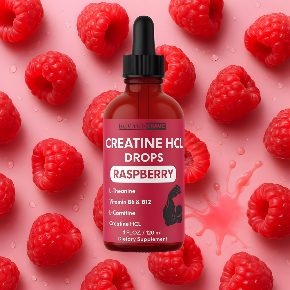 Creatine HCL Liquid Drops for Men & Women - 1000mg Per Serving, L-Theanine, Vitamin B12 & B6, L-Carnitine - High Absorption 4 Fl Oz (120ml) (4 FL OZ, Raspberry)