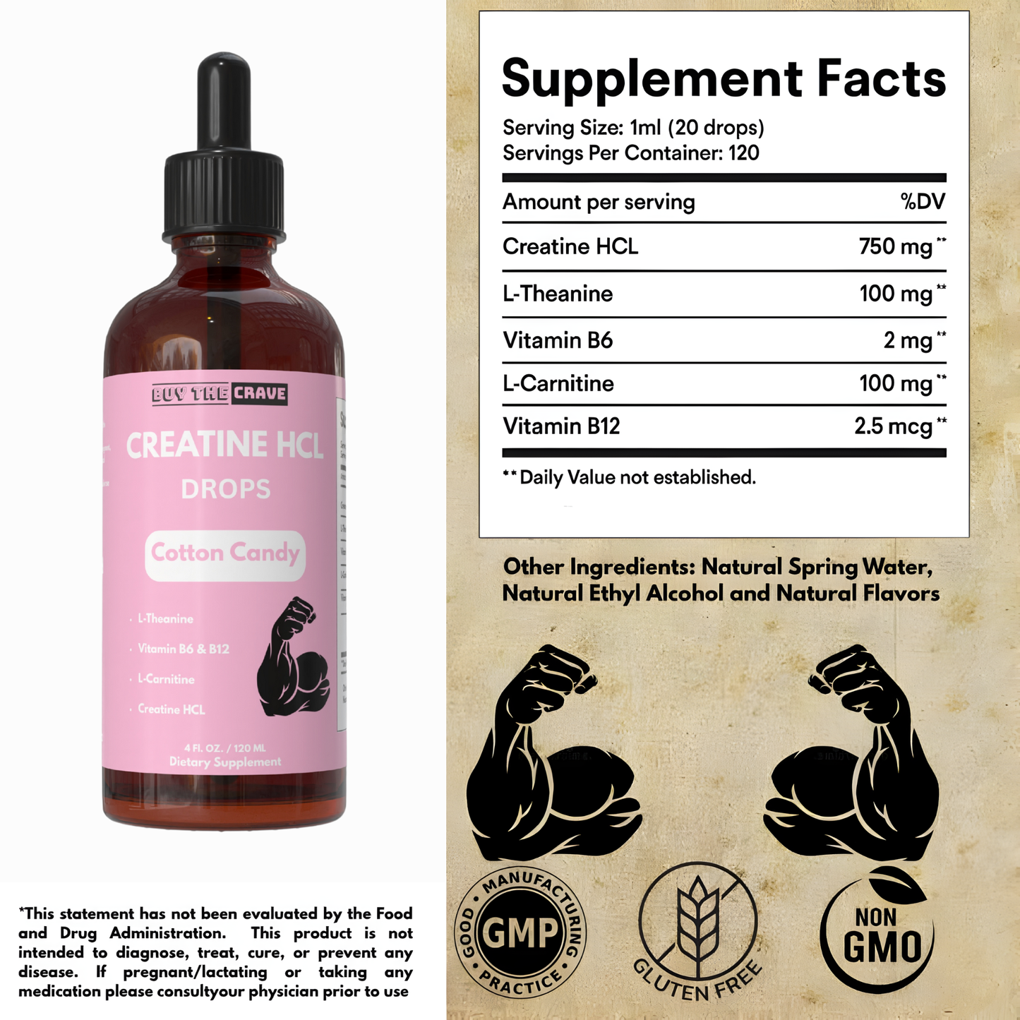Creatine HCL Liquid Drops for Men & Women - 1000mg Per Serving, L-Theanine, Vitamin B12 & B6, L-Carnitine - High Absorption (Cotton Candy)