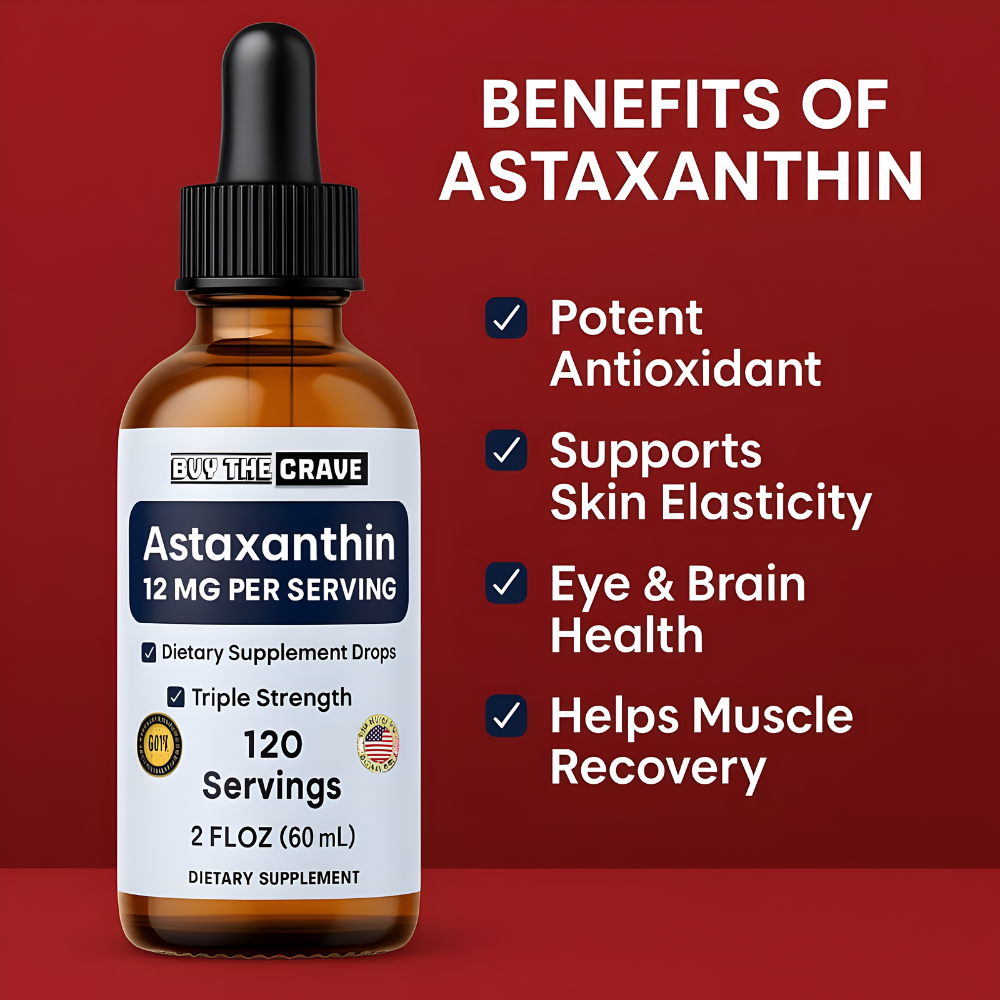 Astaxanthin Liquid Drops Infused with Cold Pressed Extra Virgin Olive Oil – 12mg per Serving – Natural Antioxidant Support – 2 fl oz Dropper Bottle – Vegan, Non-GMO