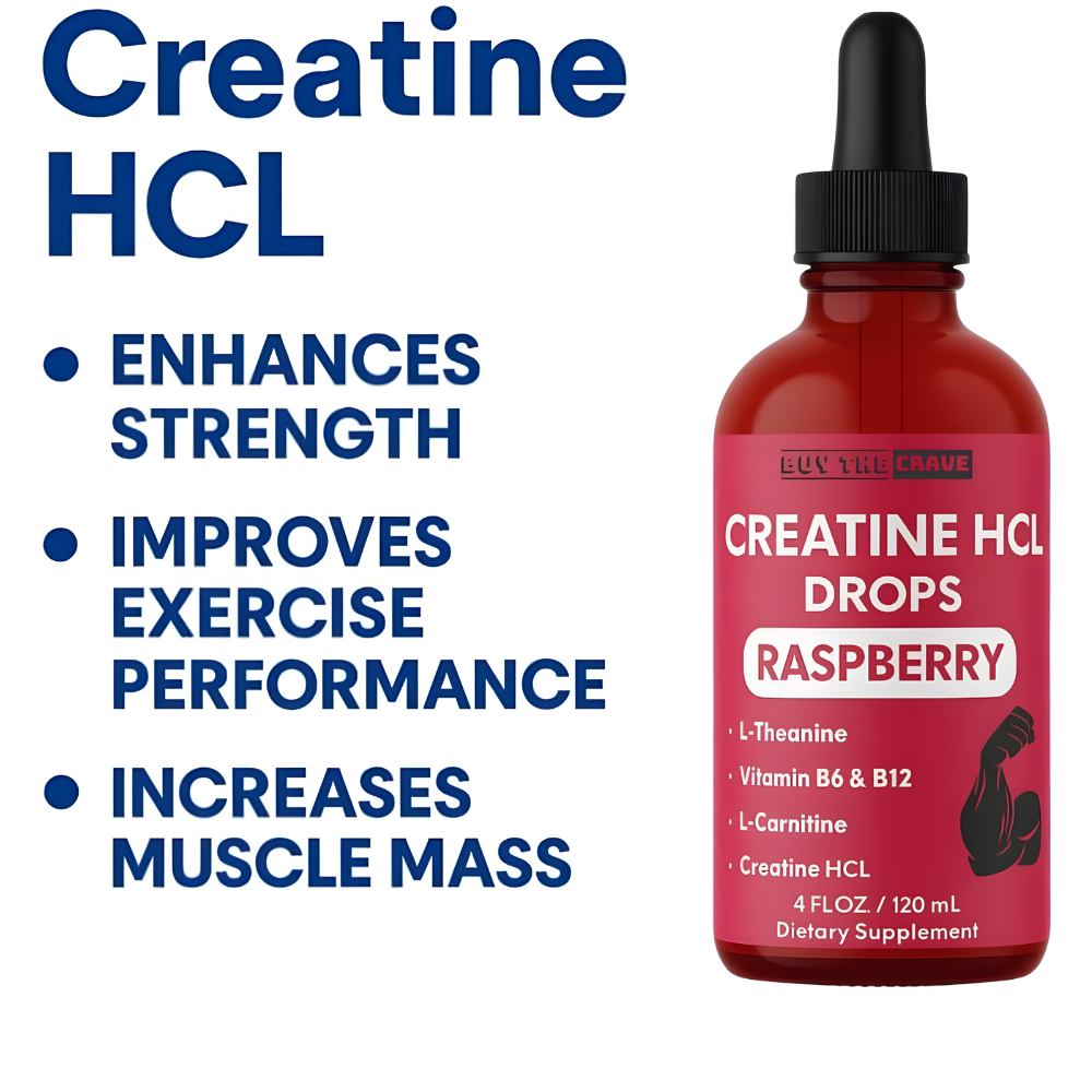 Creatine HCL Liquid Drops for Men & Women - 1000mg Per Serving, L-Theanine, Vitamin B12 & B6, L-Carnitine - High Absorption 4 Fl Oz (120ml) (4 FL OZ, Raspberry)