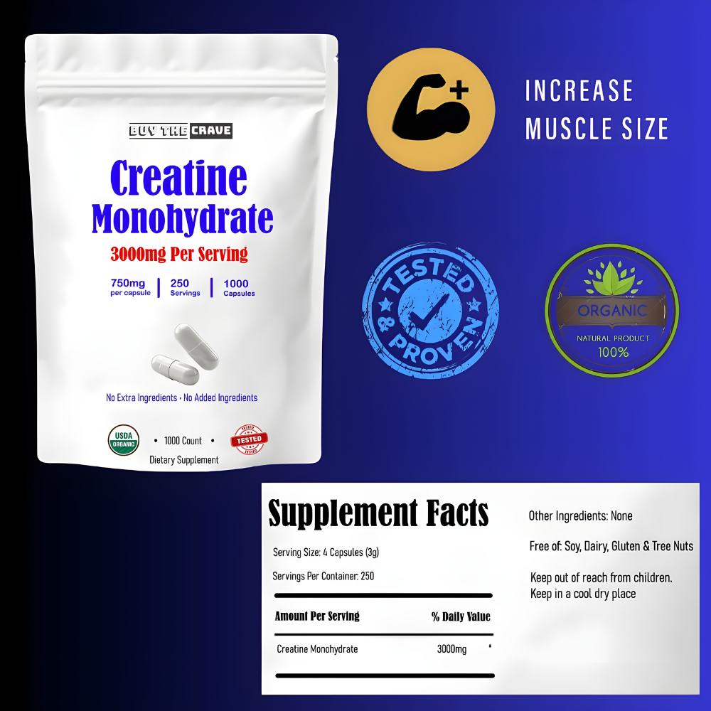 Micronized Creatine Monohydrate 1000 Capsules, 250 Servings, 750mg of Creatine Monohydrate Per Capsule, 3000mg Per Serving