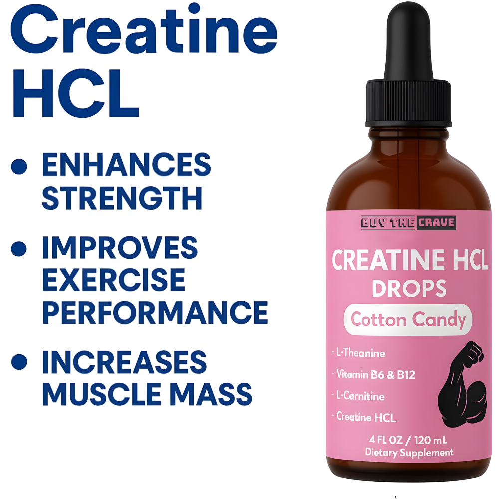 Creatine HCL Liquid Drops for Men & Women - 1000mg Per Serving, L-Theanine, Vitamin B12 & B6, L-Carnitine - High Absorption (Cotton Candy)