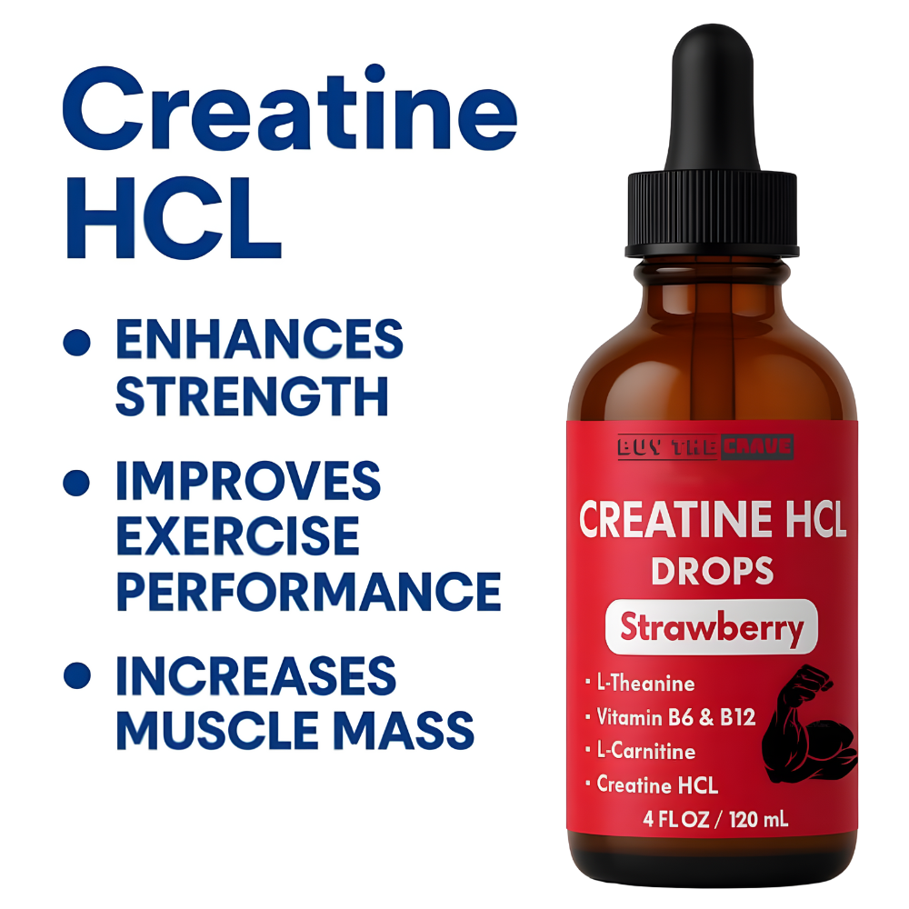 Creatine HCL Liquid Drops for Men & Women - 1000mg Per Serving, L-Theanine, Vitamin B12 & B6, L-Carnitine - High Absorption 4 Fl Oz (120ml) (4 FL OZ, Strawberry)