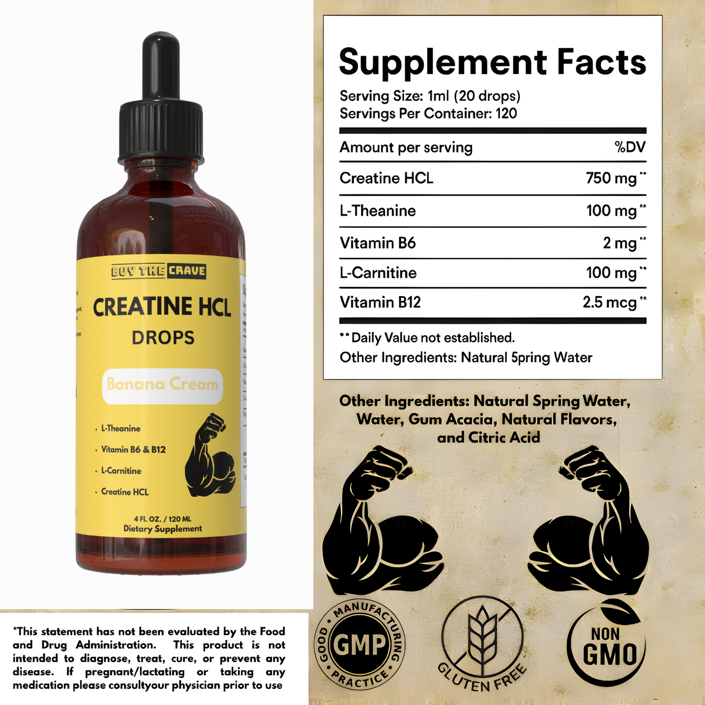 Creatine HCL Liquid Drops for Men & Women - 1000mg Per Serving, L-Theanine, Vitamin B12 & B6, L-Carnitine - High Absorption 4 Fl Oz (120ml) (4 FL OZ, Banana Cream)
