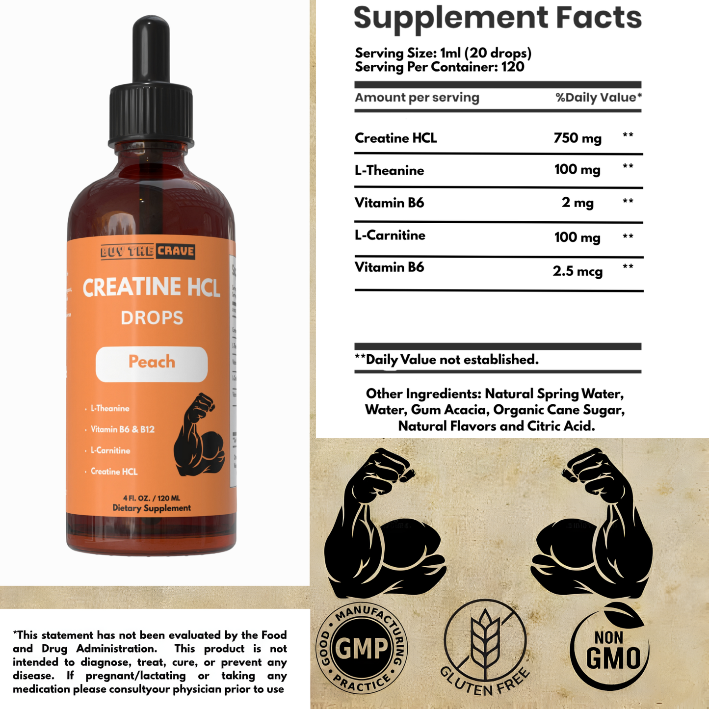 Creatine HCL Liquid Drops for Men & Women - 1000mg Per Serving, L-Theanine, Vitamin B12 & B6, L-Carnitine - High Absorption 4 Fl Oz (120ml) (4 FL OZ, Peach)