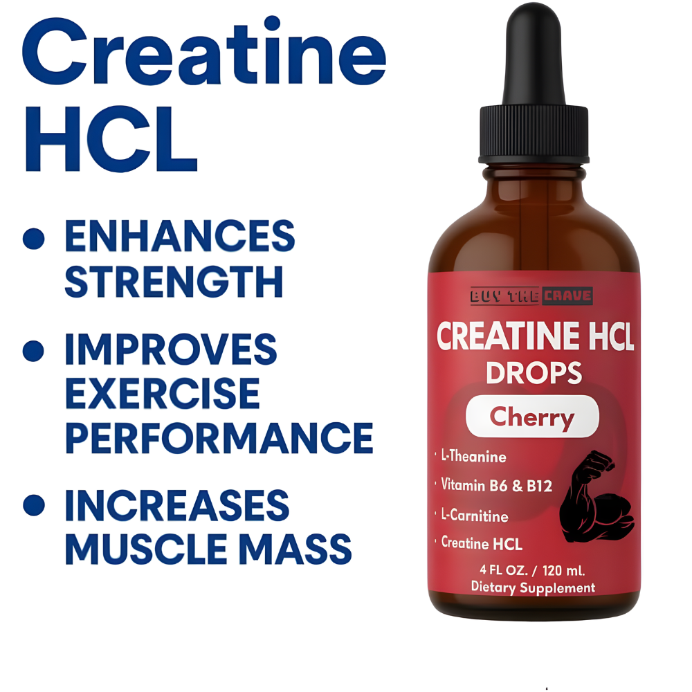 Creatine HCL Liquid Drops for Men & Women - 1000mg Per Serving, L-Theanine, Vitamin B12 & B6, L-Carnitine - High Absorption 4 Fl Oz (120ml) (4 FL OZ, Cherry)