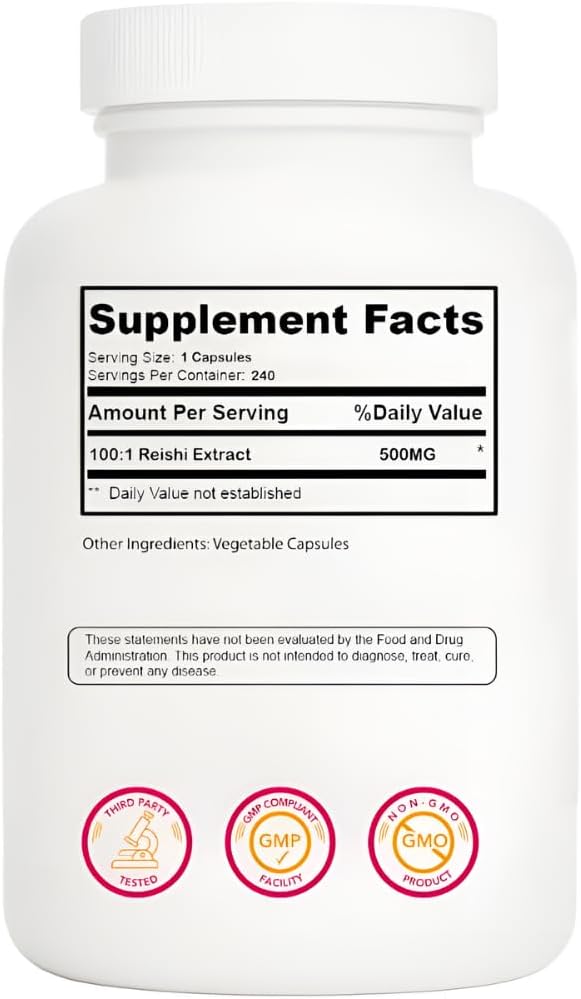 Freeze-Dried Reishi Mushroom 100:1 Extract Capsules – 500 mg, 240 Count (240 Servings) – Immune Support, Antioxidant-Rich, Non-GMO, Gluten-Free Dietary Supplement