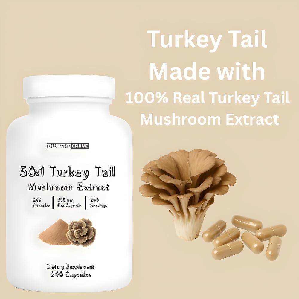 Freeze-Dried Turkey Tail Mushroom 50:1 Extract Capsules – 500 mg, 240 Count (240 Servings) – Immune Support, Antioxidant-Rich, Non-GMO, Gluten-Free Dietary Supplement