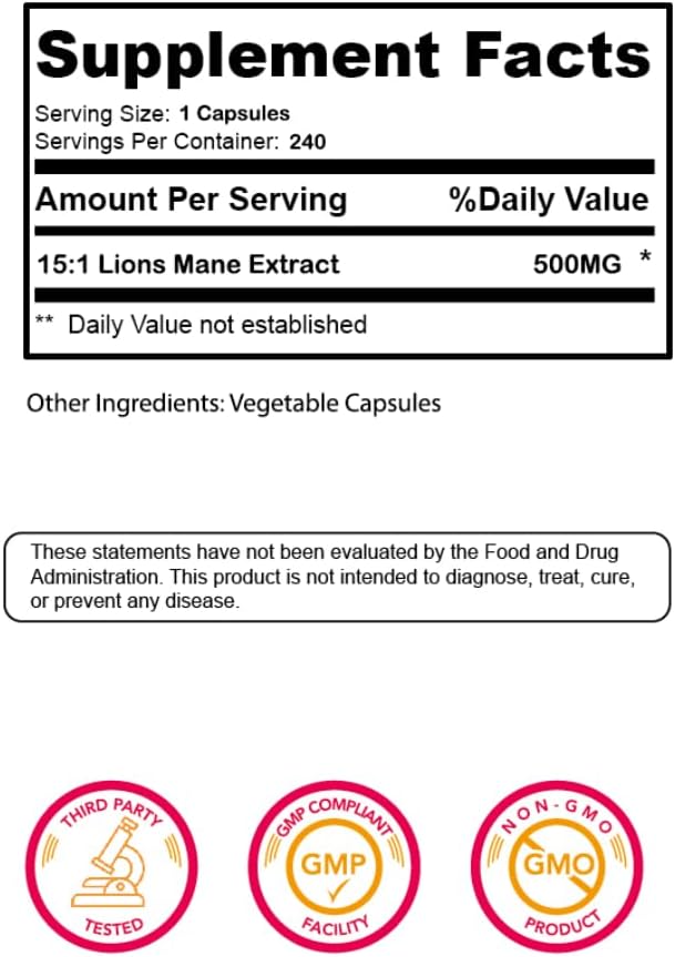 Freeze-Dried Lions Mane Mushroom 15:1 Extract Capsules – 500 mg, 240 Count (240 Servings) – Immune Support, Antioxidant-Rich, Non-GMO, Gluten-Free Dietary Supplement
