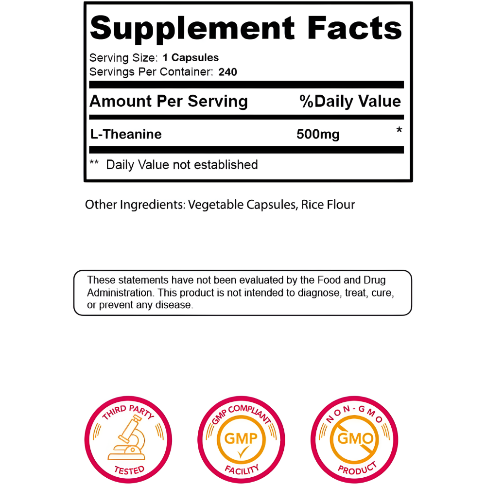 L-Theanine 500mg Per Capsule, Extra Strength, Triple Strength, 240 Capsules, Non-GMO, Gluten Free