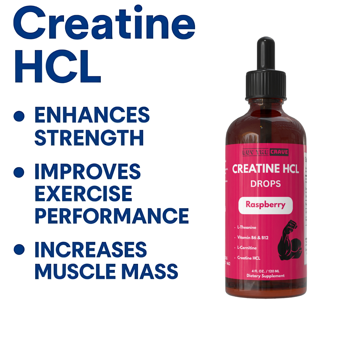 Creatine HCL Liquid Drops for Men & Women - 1000mg Per Serving, L-Theanine, Vitamin B12 & B6, L-Carnitine - High Absorption 4 Fl Oz (120ml) (4 FL OZ, Raspberry)