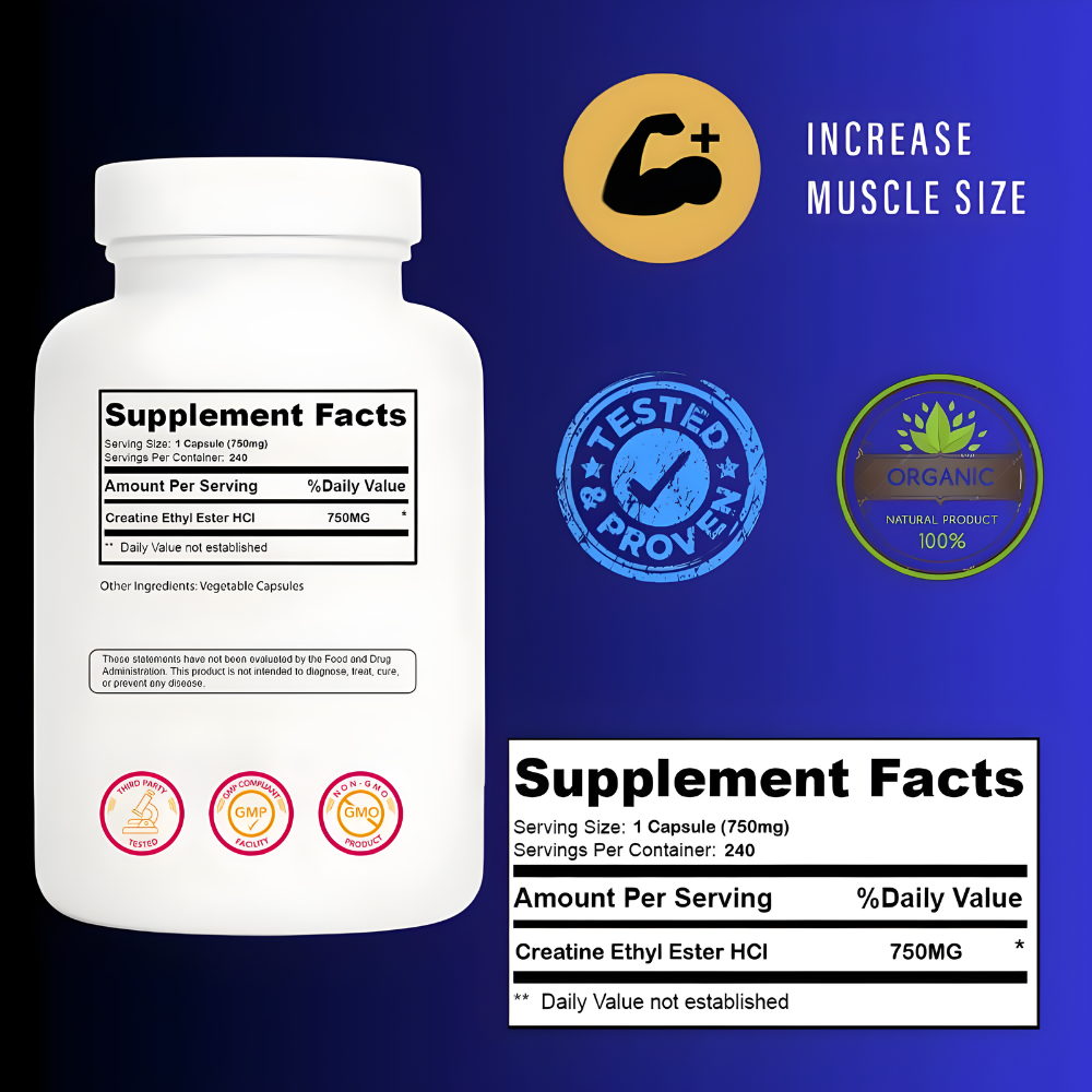 Creatine Ethyl Ester HCI Pills, 7X Concentrated vs Monohydrate Powder, Cognitive, Energy, Muscle, Recovery Support for Men & Women, Creatine HCI Capsules 240 Servings