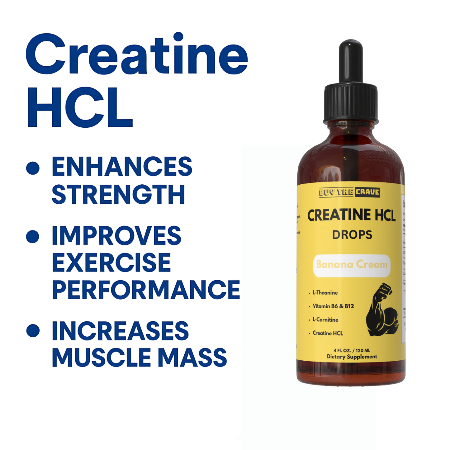 Creatine HCL Liquid Drops for Men & Women - 1000mg Per Serving, L-Theanine, Vitamin B12 & B6, L-Carnitine - High Absorption 4 Fl Oz (120ml) (4 FL OZ, Banana Cream)