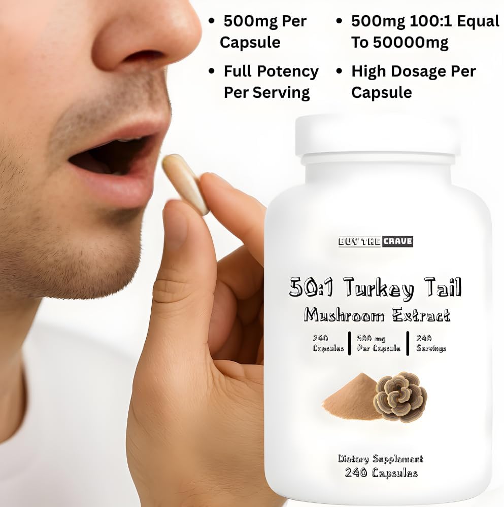 Freeze-Dried Turkey Tail Mushroom 50:1 Extract Capsules – 500 mg, 240 Count (240 Servings) – Immune Support, Antioxidant-Rich, Non-GMO, Gluten-Free Dietary Supplement