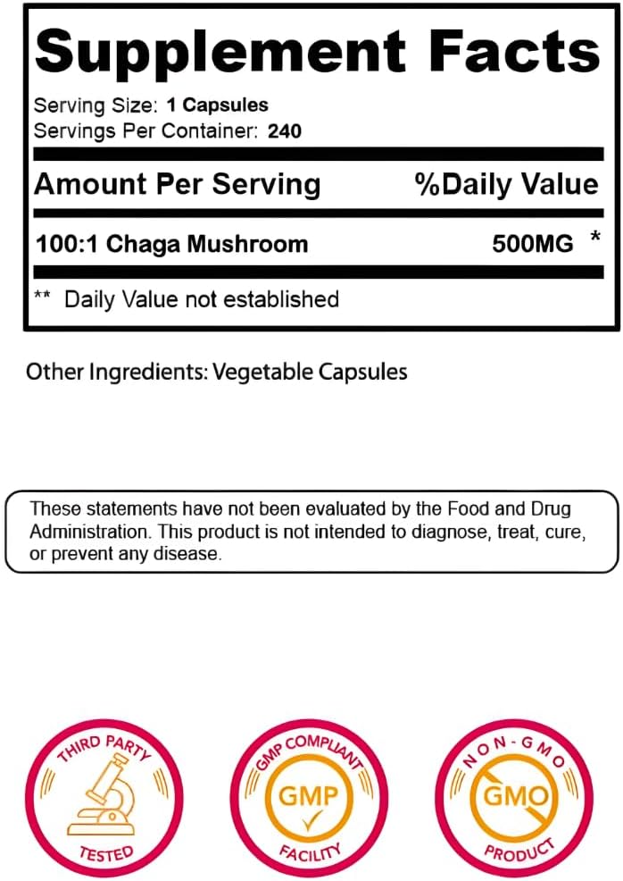 Freeze-Dried Chaga Mushroom 100:1 Extract Capsules – 500 mg, 240 Count (240 Servings) – Immune Support, Antioxidant-Rich, Non-GMO, Gluten-Free Dietary Supplement