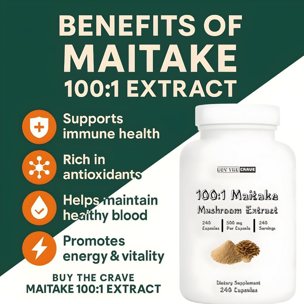 Freeze-Dried Maitake Mushroom 100:1 Extract Capsules – 500 mg, 240 Count (240 Servings) – Immune Support, Antioxidant-Rich, Non-GMO, Gluten-Free Dietary Supplement