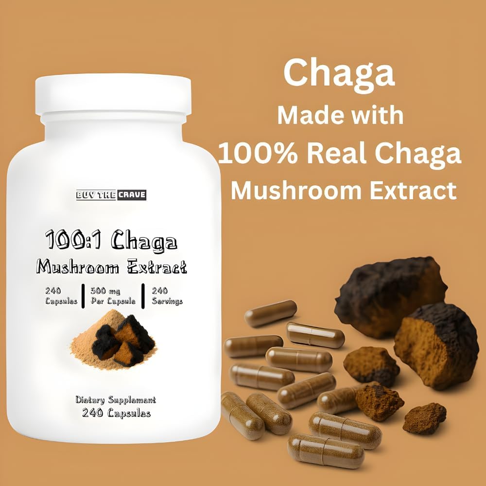 Freeze-Dried Chaga Mushroom 100:1 Extract Capsules – 500 mg, 240 Count (240 Servings) – Immune Support, Antioxidant-Rich, Non-GMO, Gluten-Free Dietary Supplement