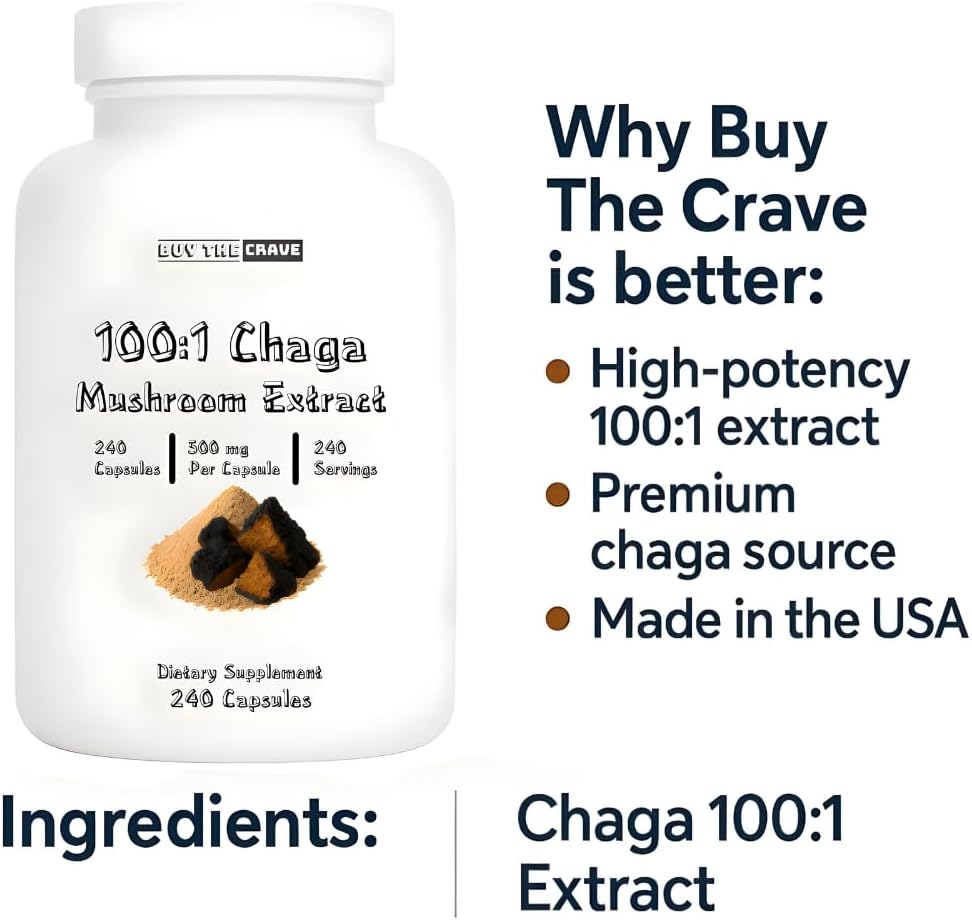 Freeze-Dried Chaga Mushroom 100:1 Extract Capsules – 500 mg, 240 Count (240 Servings) – Immune Support, Antioxidant-Rich, Non-GMO, Gluten-Free Dietary Supplement
