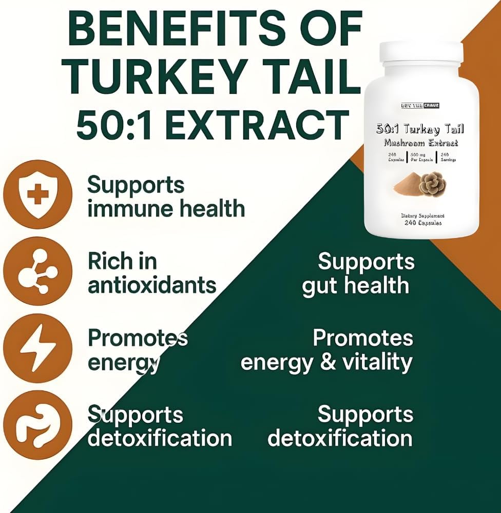 Freeze-Dried Turkey Tail Mushroom 50:1 Extract Capsules – 500 mg, 240 Count (240 Servings) – Immune Support, Antioxidant-Rich, Non-GMO, Gluten-Free Dietary Supplement
