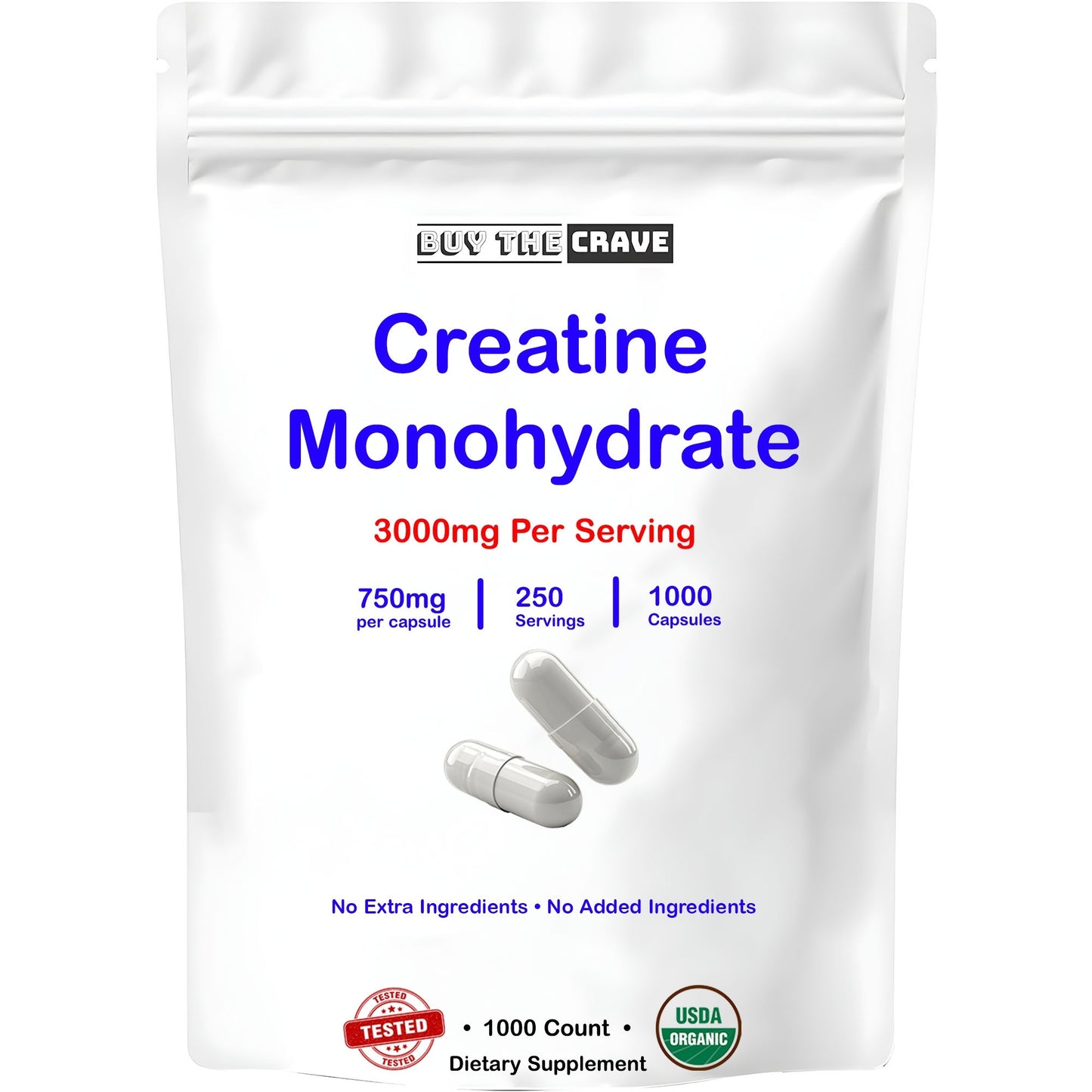 Micronized Creatine Monohydrate 1000 Capsules, 250 Servings, 750mg of Creatine Monohydrate Per Capsule, 3000mg Per Serving