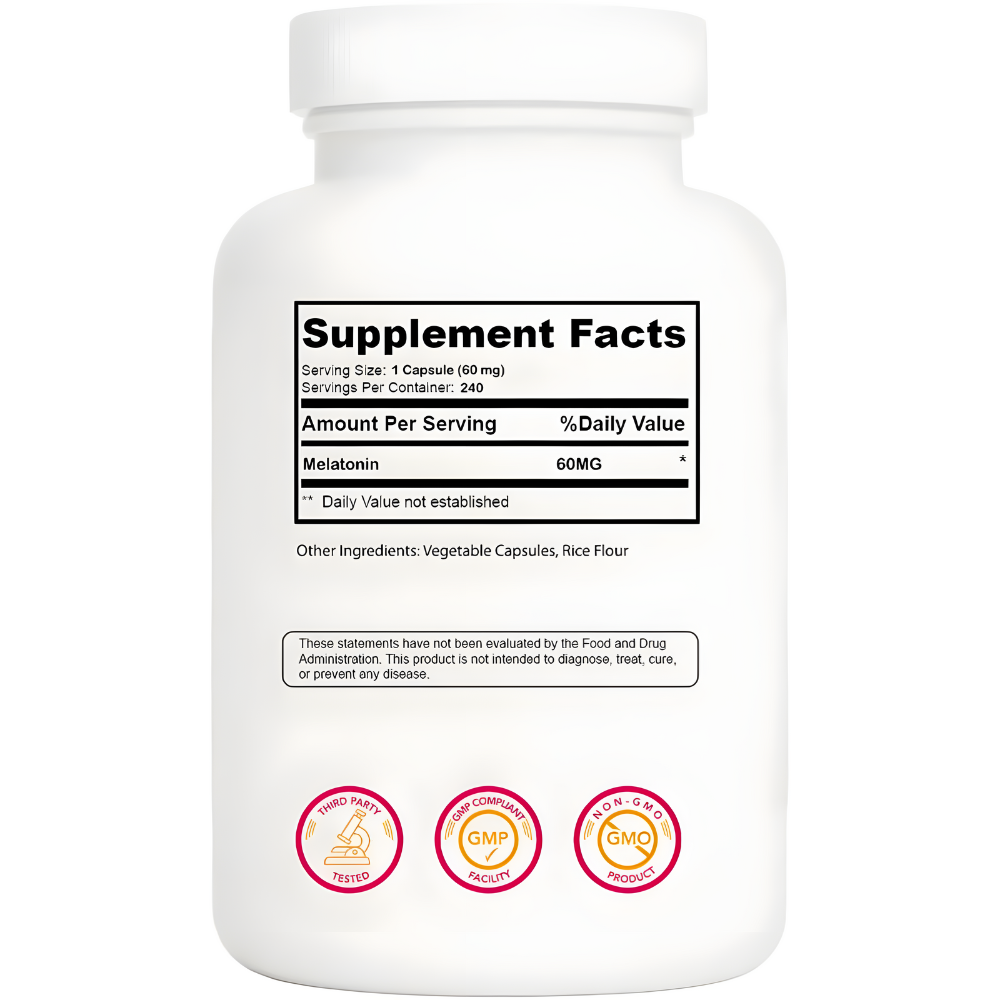 Melatonin 60mg Extra Strength Capsules, 240 Counts, Easy to Swallow & Fast Dissolve | Vegetarian Friendly, Non-GMO & No Gluten