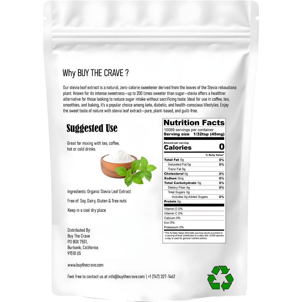 Organic Stevia Extract 200:1 Sweetener, Per Serving 45mg, 10089 Servings, Highest Grade of Stevia, Non-GMO, Vegan, No After-Taste, 454g (1 lbs) Per Bag