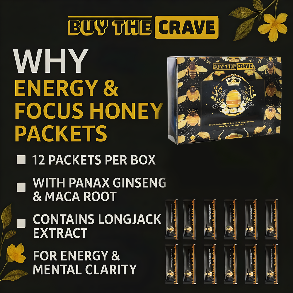 Organic Honey Pack Enriched with Natural Jelly - Bee Pollen from Ginseng Blossoms & 100% Natural herbs, Full Box of 20G Honey Sachets, 12 Sachets Included
