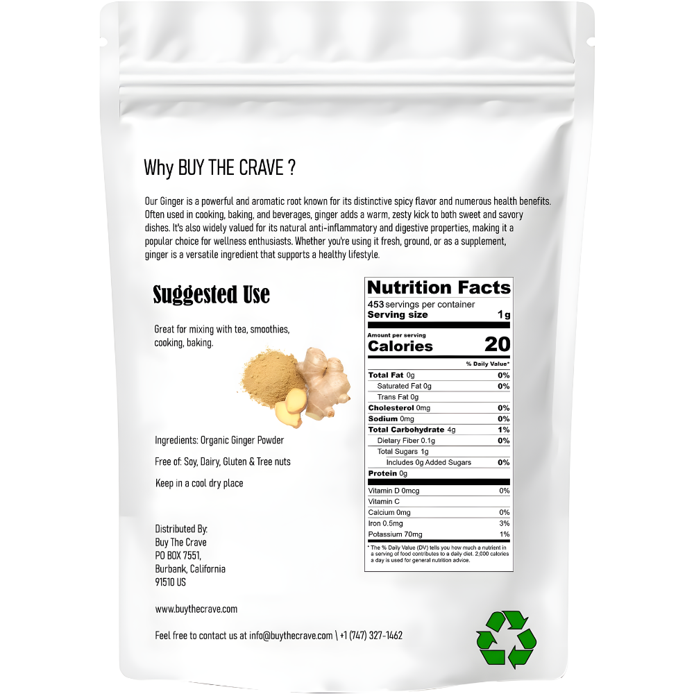Organic Ginger Root Extract Powder, Ginger Supplement, Herbal Supplement, Great for Baking, Cooking & Tea, 453g (1 lbs)