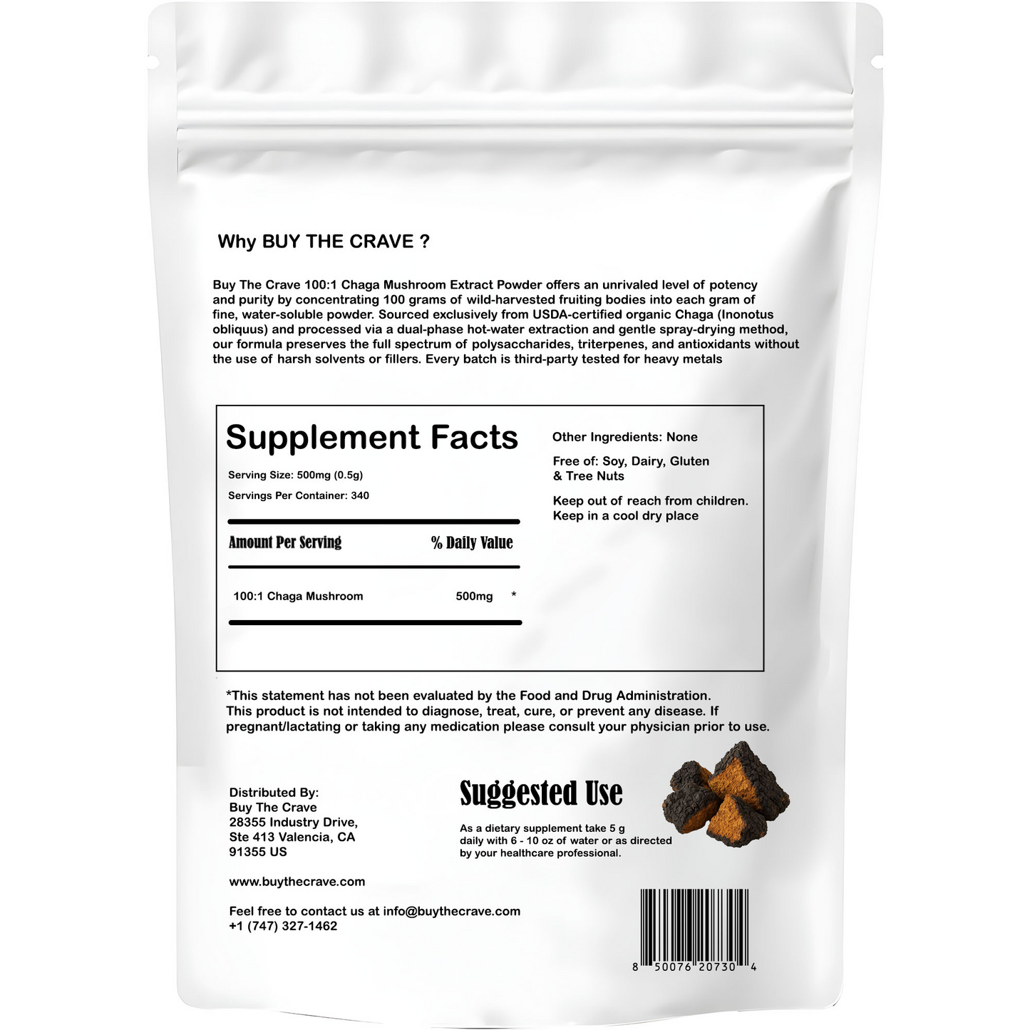 Organic Freeze-Dried Chaga Mushroom Extract Powder 100:1 Concentrate, 6 Ounces (170g), 340 Servings, Wild-Harvested Fruit Body, Dual-Phase Extraction, Vegan, Non-GMO, Gluten-Free
