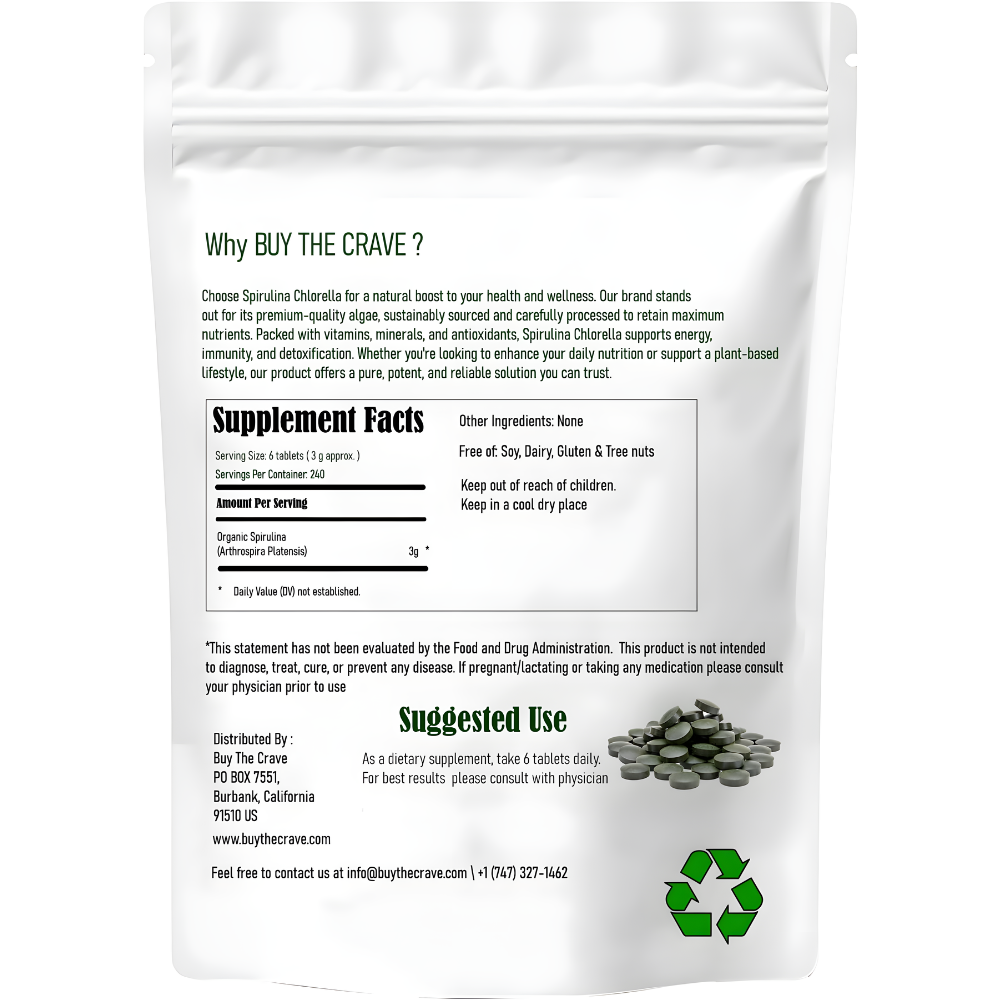 Organic Chlorella Spirulina Tablets, 3000mg Per Serving, 1440 Tablets, Only 1 Ingredient, 50/50 Blend Super Food, Highest Grade Chlorella Spirulina, High Protein & Chlorophyll