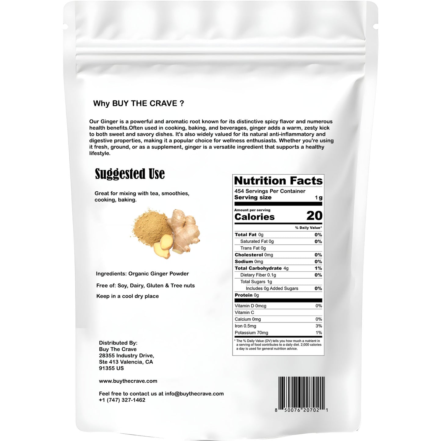 Organic Ginger Root Extract Powder, Ginger Supplement, Herbal Supplement, Great for Baking, Cooking & Tea, 453g (1 lbs)