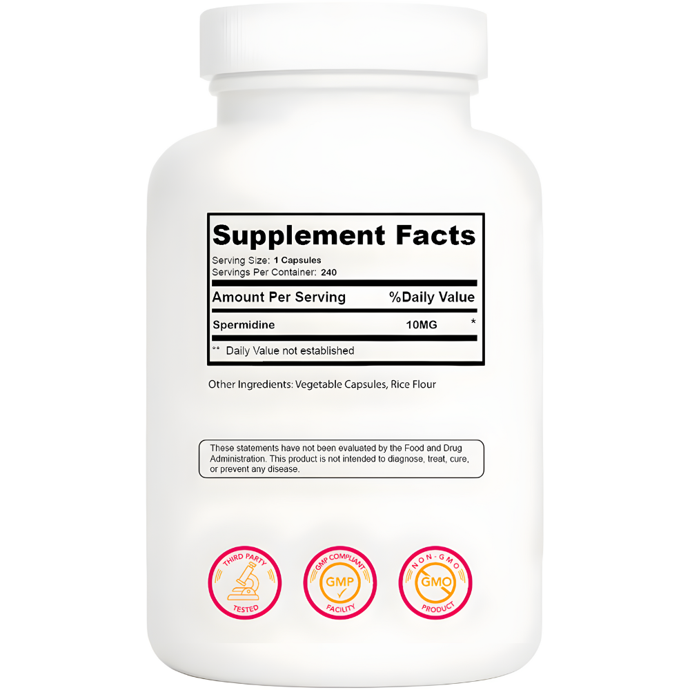 Spermidine 3HCL 99% Supplement – 10 mg per Serving – Plant-Based Formula for Cellular Function, Longevity & Autophagy Support – 240 Capsules – Vegan, Non-GMO