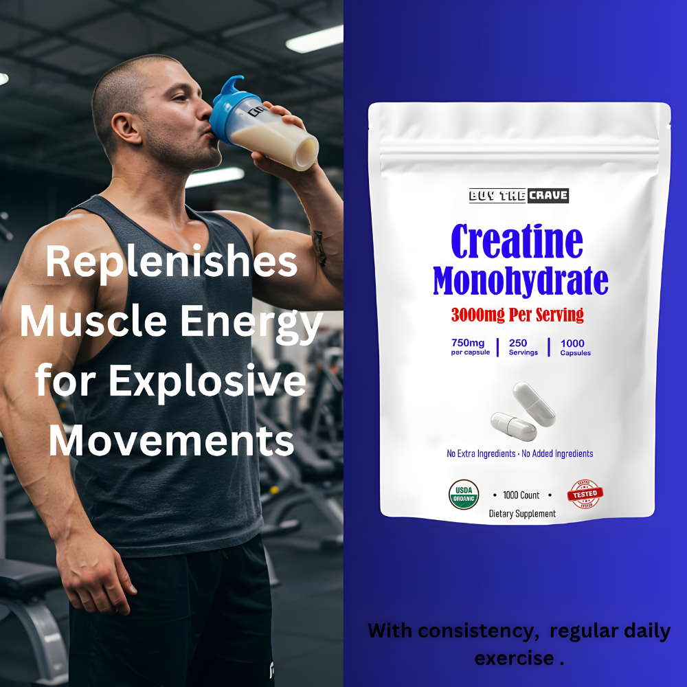 Micronized Creatine Monohydrate 1000 Capsules, 250 Servings, 750mg of Creatine Monohydrate Per Capsule, 3000mg Per Serving