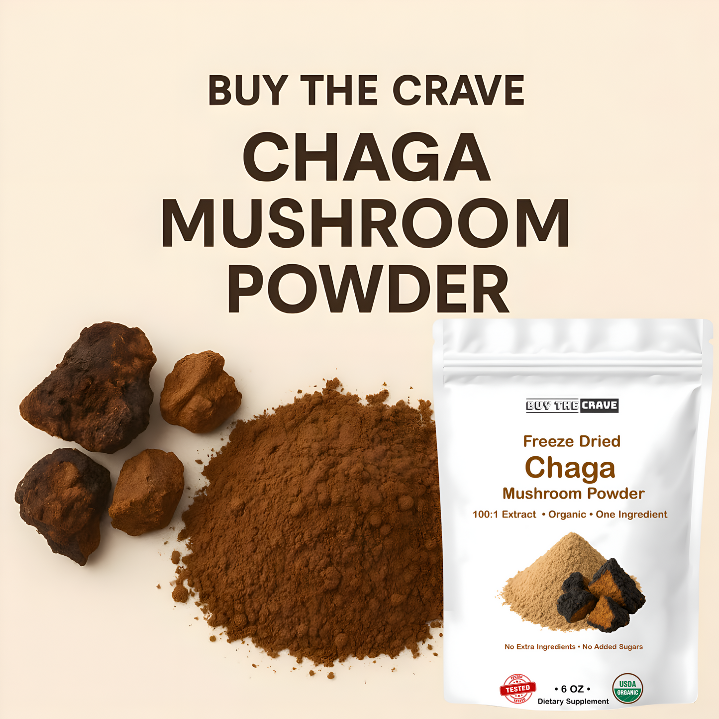 Organic Freeze-Dried Chaga Mushroom Extract Powder 100:1 Concentrate, 6 Ounces (170g), 340 Servings, Wild-Harvested Fruit Body, Dual-Phase Extraction, Vegan, Non-GMO, Gluten-Free